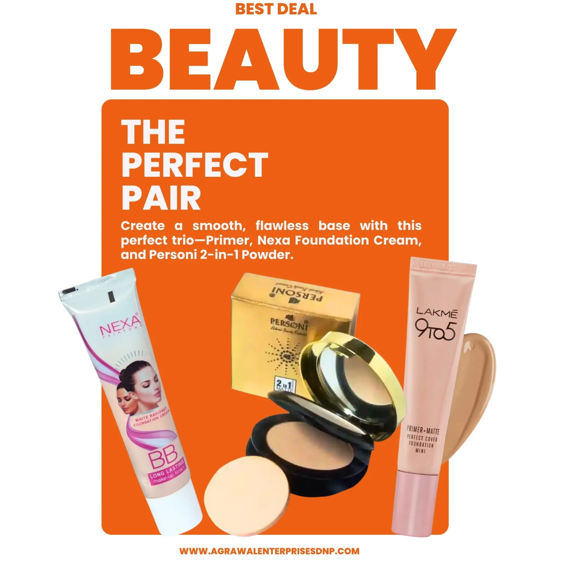 Combo Pack of Nexa Foundation Cream + Lakme BB Cream + Personi 2 in 1 Powder