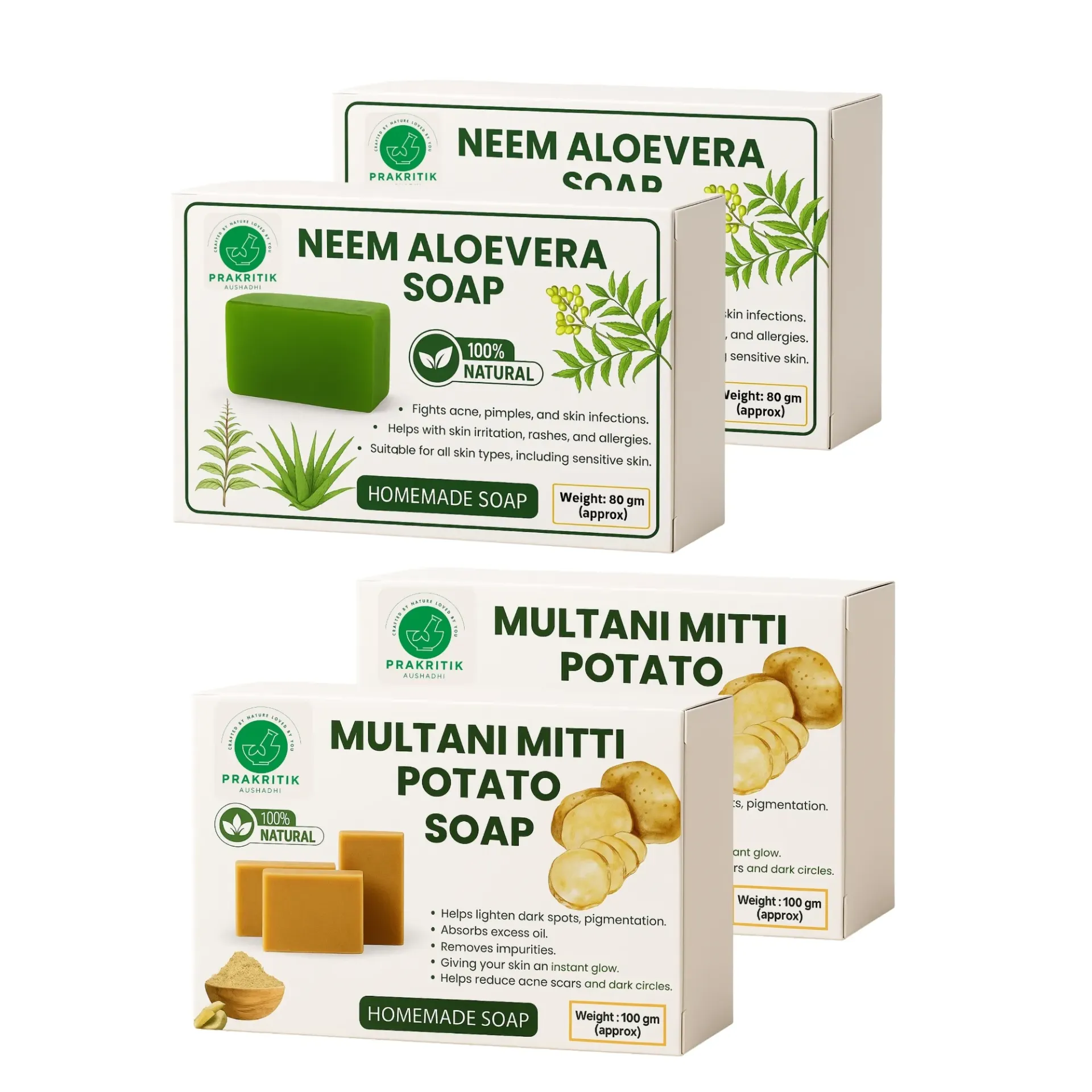 Combo Pack of Neem Aloe Vera Soap + Multani Potato Soap, Prakritik Aushadhi Soap