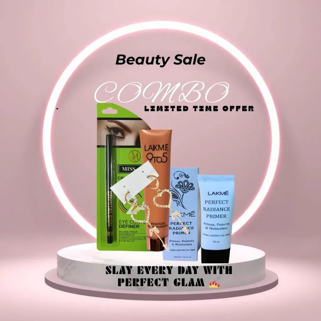 Combo Pack of Foundation, Primer, ADS Kajal, Heart Shaped Earrings/