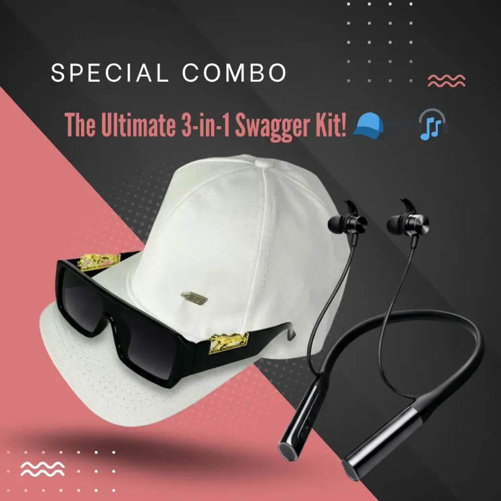 Combo Pack: White Cap, Sunglasses with Lion Mark, and Bluetooth Neckband