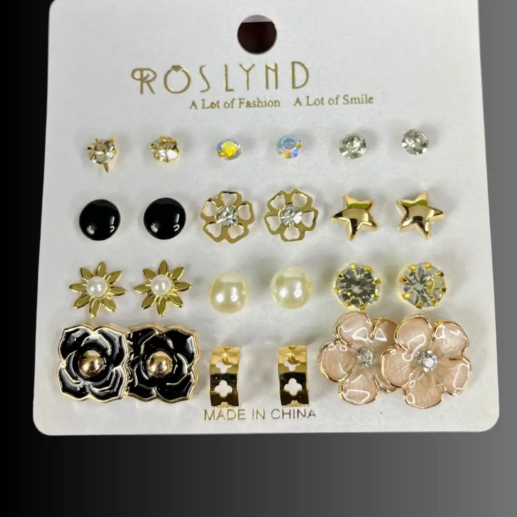 Earring Set, Pack of 12, Multiple Designs Fashionable Earrings Golden Silver Black Pearls