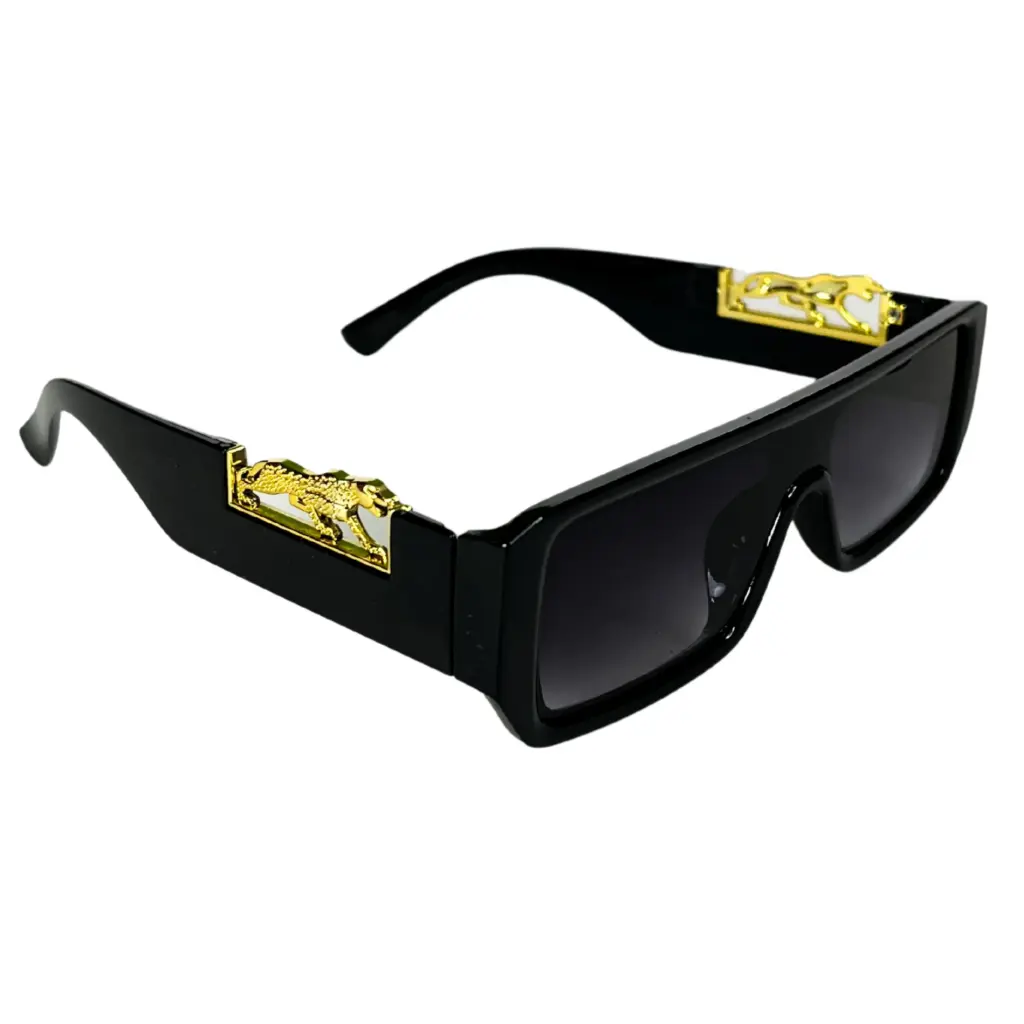 Sun Glasses in Black with Border Frame With 2 Golden Lion Sidewise