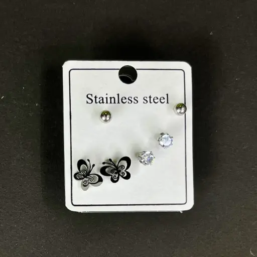 Butterfly Earring Silver Rounded Ball Earring Pack of 3 Fashionable Earring