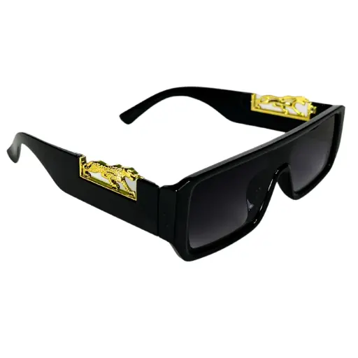 Sun Glasses in Black with Border Frame With 2 Golden Lion Sidewise